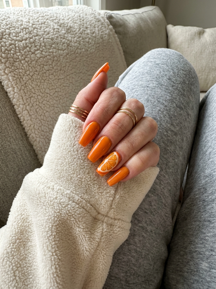 Summer Citrus Nail Art 2026: Orange Slice Coffin Nails Realistic orange slice accent coffin nails for summer citrus nail art 2026, perfect for parties and night outs.