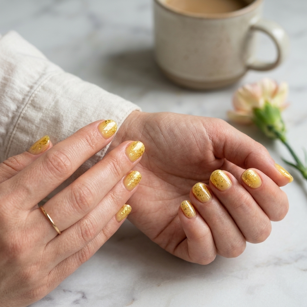 Sparkling Lemon Drop Round Nails 2026 Sparkling lemon drop round nails for casual weekend wear or a picnic. Summer citrus nail art 2026.