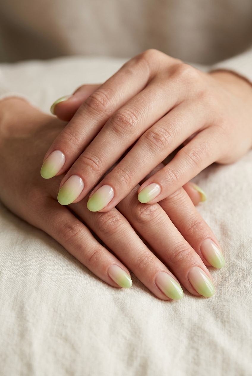Summer Citrus Nail Art 2026: Subtle Lime Ombre Oval Nails Subtle lime green ombre oval nails for summer citrus nail art 2026, perfect for daily wear and work.