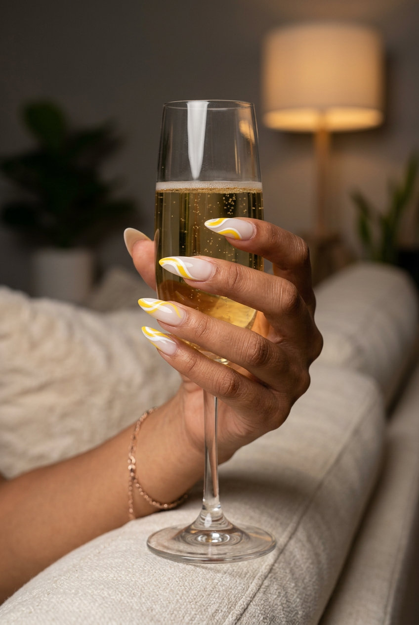 Citrus Swirls Stilettos 2026 | Elegant Summer Nails Yellow & White Citrus Swirls Stiletto Nails: Elegant summer citrus nail art 2026 for weddings and evening events.