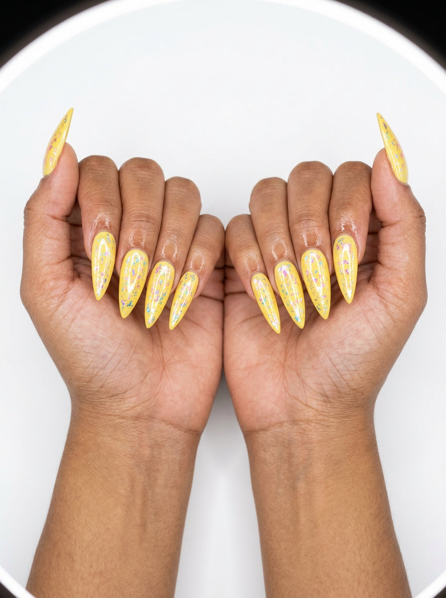 Summer Classy Nails 2026: Butter Yellow Chrome Butter yellow chrome flake nails for a playful, glamorous summer vibe. Ideal for vacations and festivals in 2026.