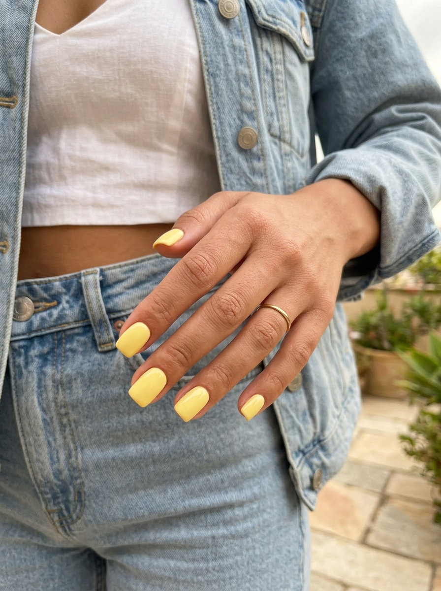 Summer Classy Nails 2026: Butter Yellow Glossy Butter yellow soft square glossy nails for a cheerful, bright summer look. Perfect for casual weekends in 2026.