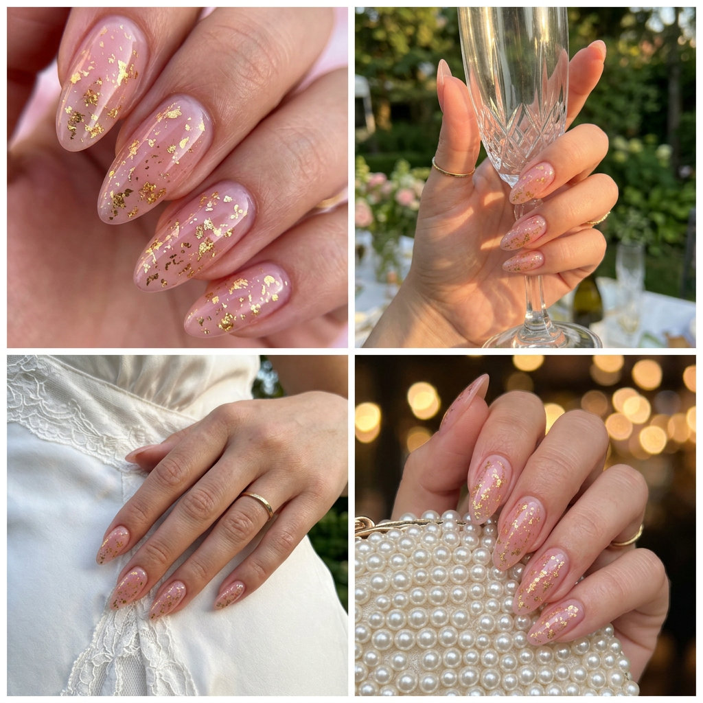 Summer Classy Nails 2026: Golden Pink Jelly Golden pink jelly shimmer nails for a romantic, glamorous summer look. Perfect for date nights in 2026.