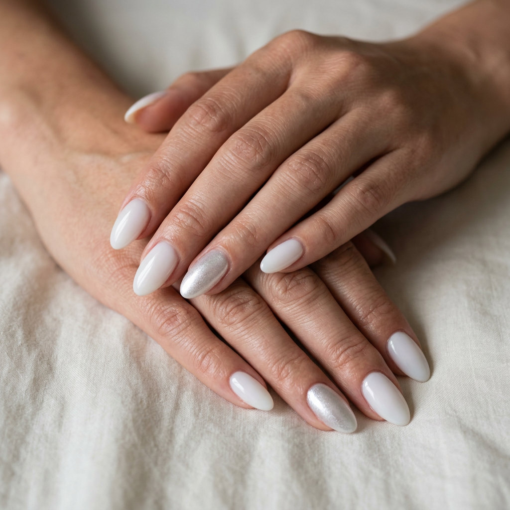 Summer Classy Nails 2026: Milky Almond Chrome Subtle chrome chic milky almond nails for a minimalist, polished look. Great for weddings and daily chic in 2026.