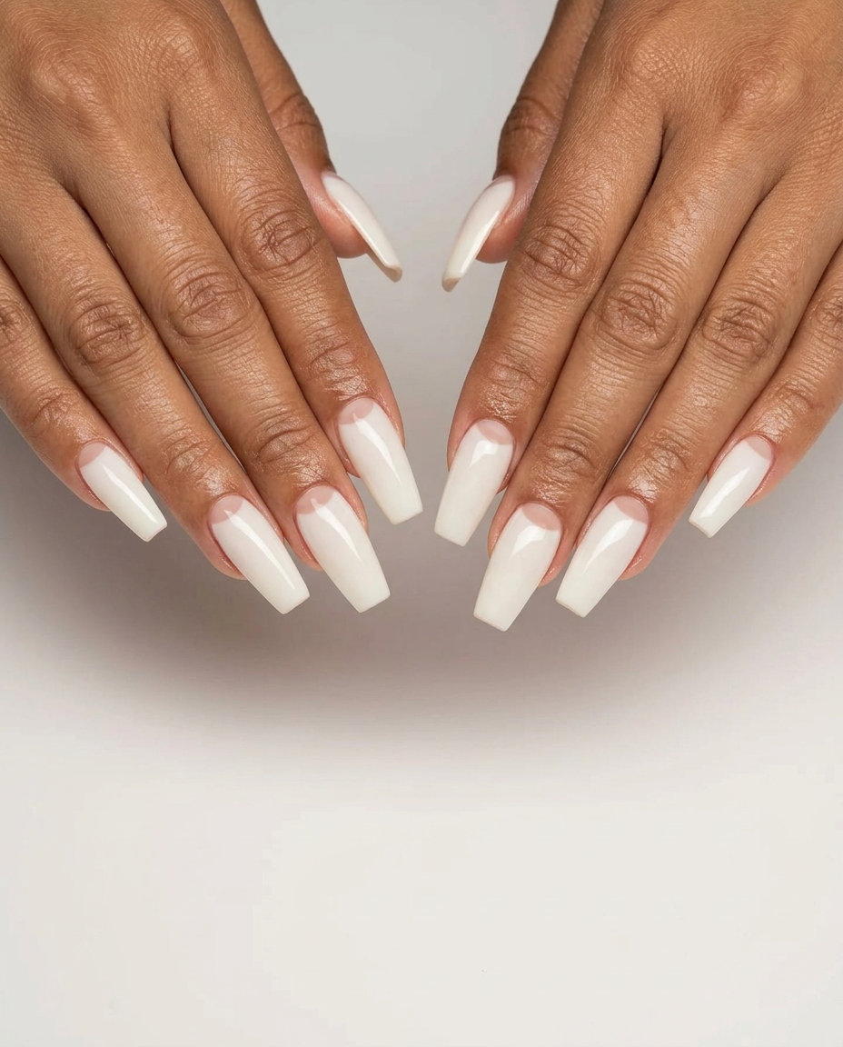 Milky Moon French nails for summer classy nails 2026. Sophisticated coffin shape, opaque milky white with nude reverse French.