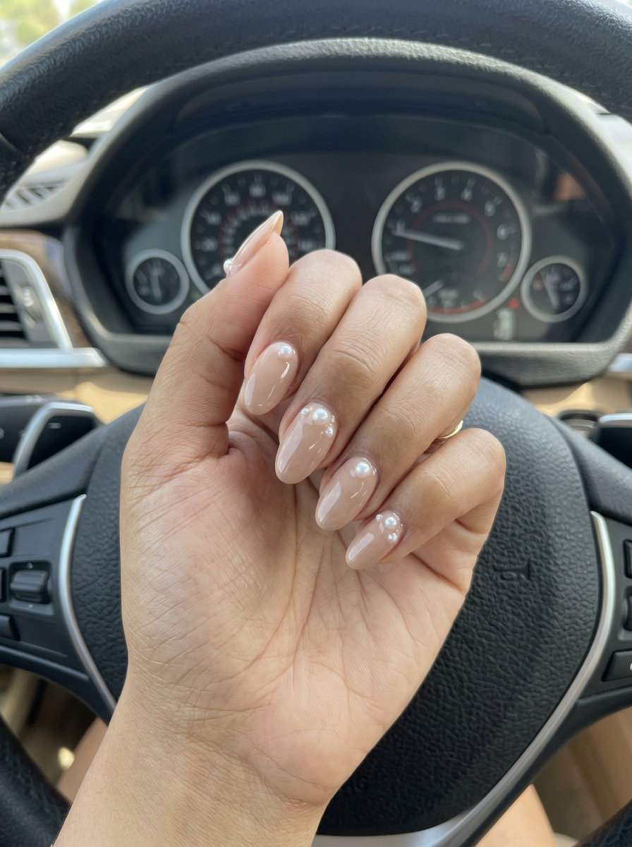 Summer Classy Nails 2026: Nude Pearl Elegance Pearl adorned nude elegance nails for formal events and date nights in 2026. Sophisticated and classic.