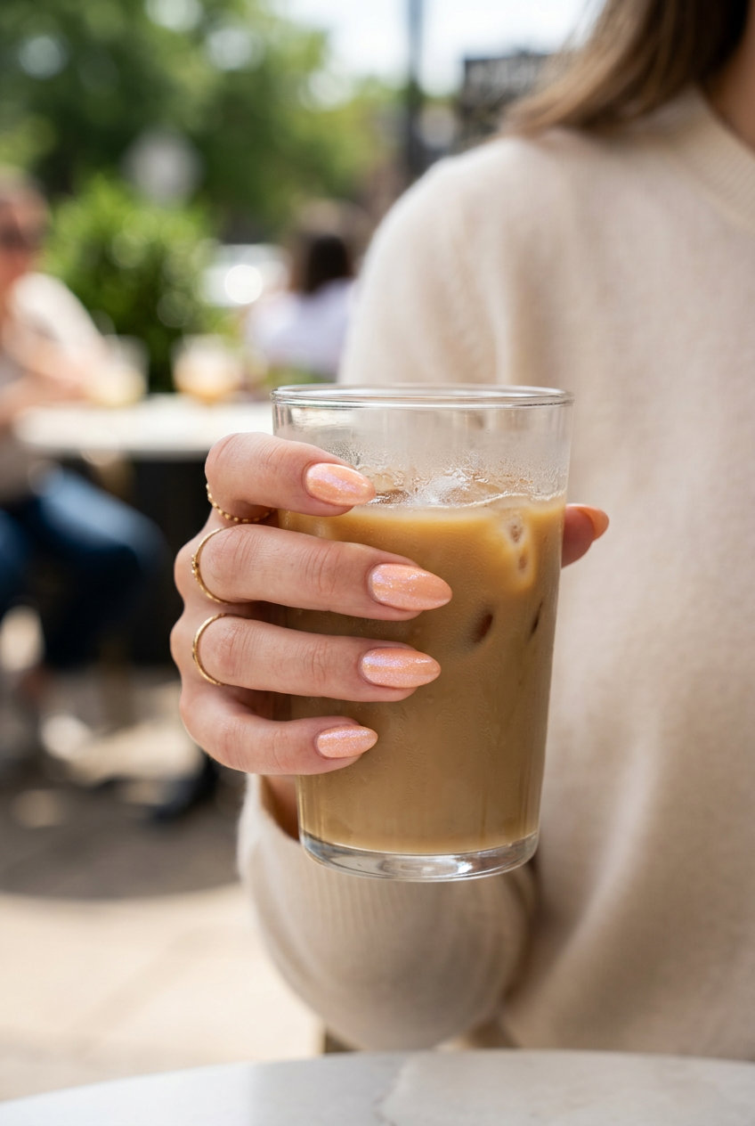Summer Classy Nails 2026: Radiant Shimmering Peach Shimmering Peach Hue: Summer classy nails 2026, romantic and radiant for wedding, garden party, or date night.