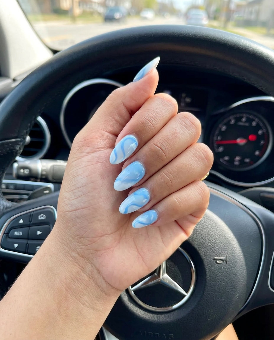 Summer Classy Nails 2026: Sky Swirl Ombre Sky Swirl Ombre nails for summer classy nails 2026. Dreamy light blue & white ombre with artistic swirls. Festival chic.