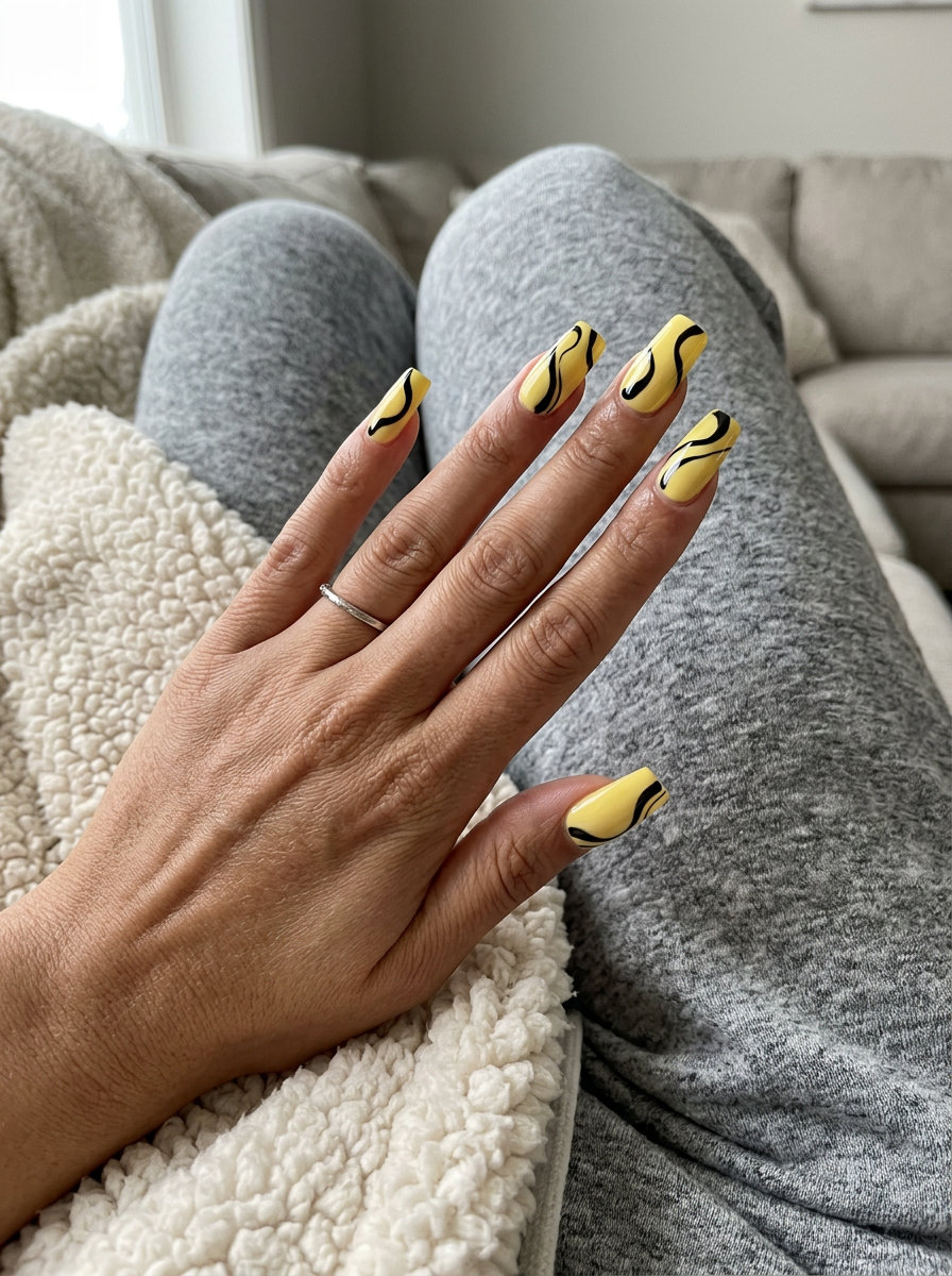 Summer Classy Nails 2026: Yellow Abstract Swirls Bold yellow abstract swirl nails for an edgy, artistic summer look. Great for festivals and art gallery visits in 2026.