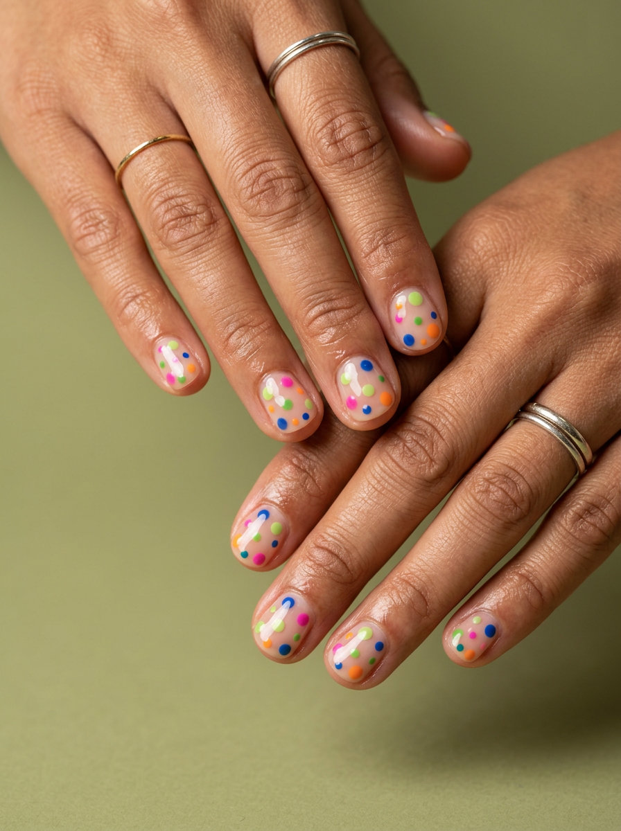 Playful abstract summer dot party nails in multicolor on a clear base for summer colorful nails designs 2026.