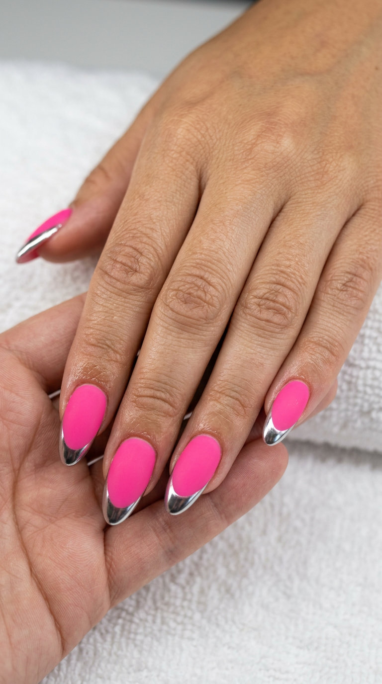 Chrome hot pink edge nails for summer colorful nails designs 2026. Bold hot pink with striking silver chrome French tip.