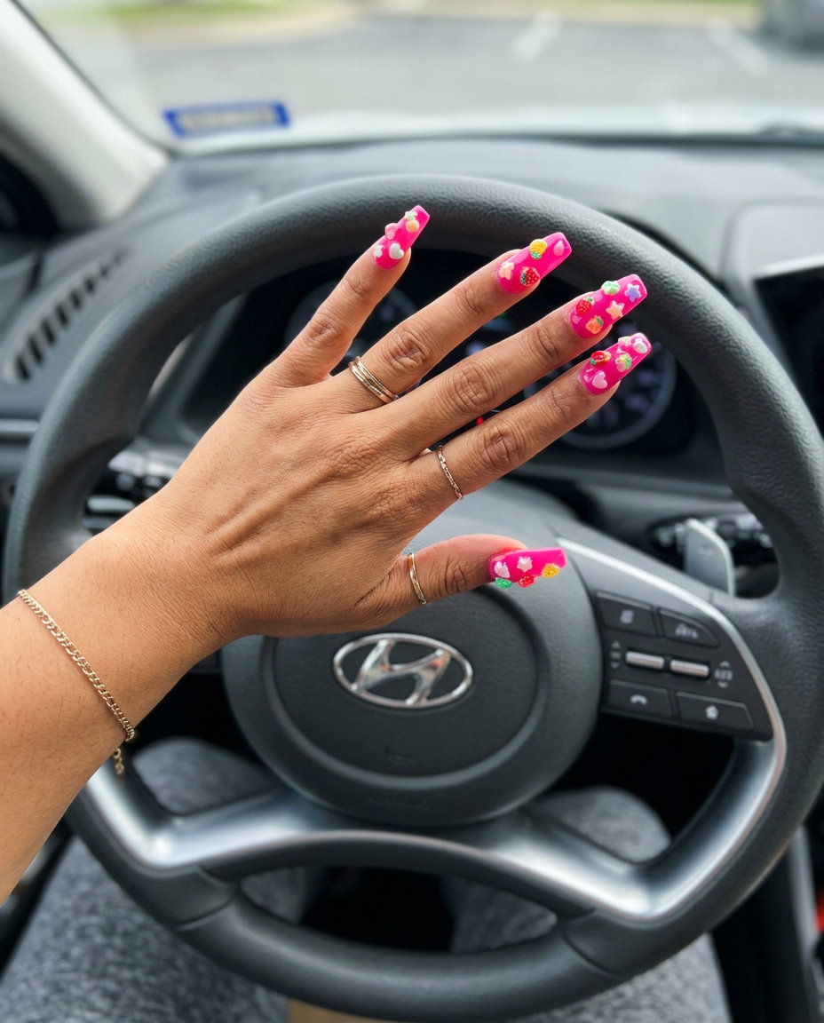 Hot pink coffin nails with 3D charms are a bold summer colorful nails designs 2026 choice for festivals.
