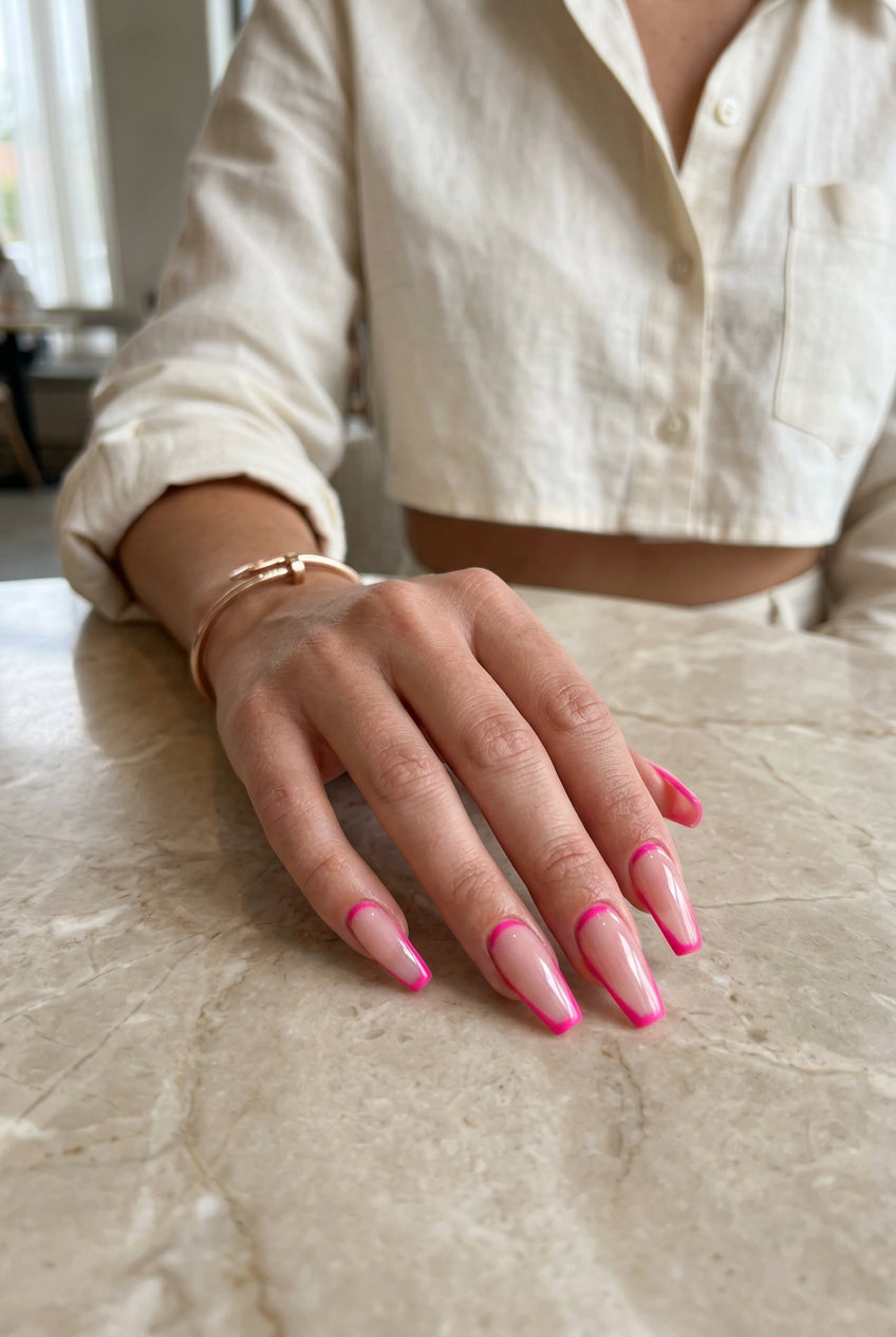 Edgy hot pink reverse French tip nails on coffin shape for summer colorful nails designs 2026.