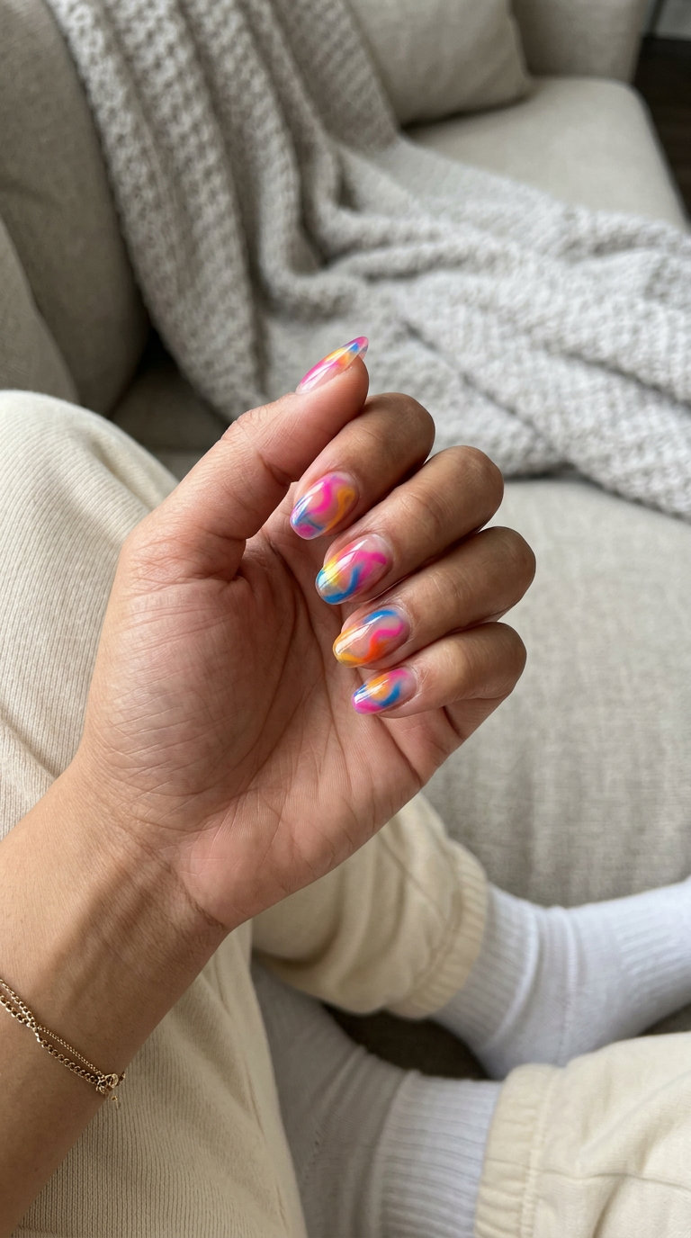 Vibrant clear jelly summer swirl nails in pink, orange, yellow, and blue for summer colorful nails designs 2026.