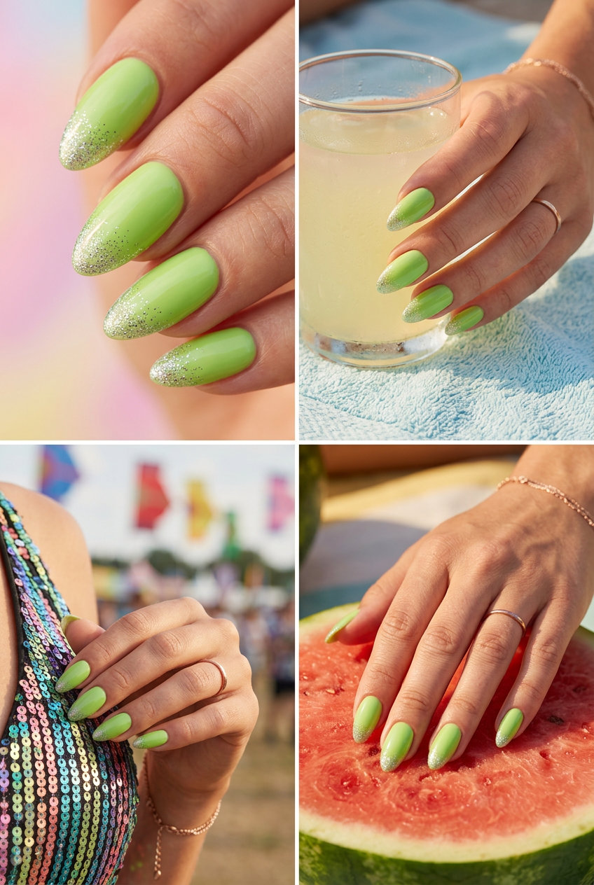 Lime glitter summer nails 2026: Bright lime green gel polish with silver glitter tips for festivals and beach days.