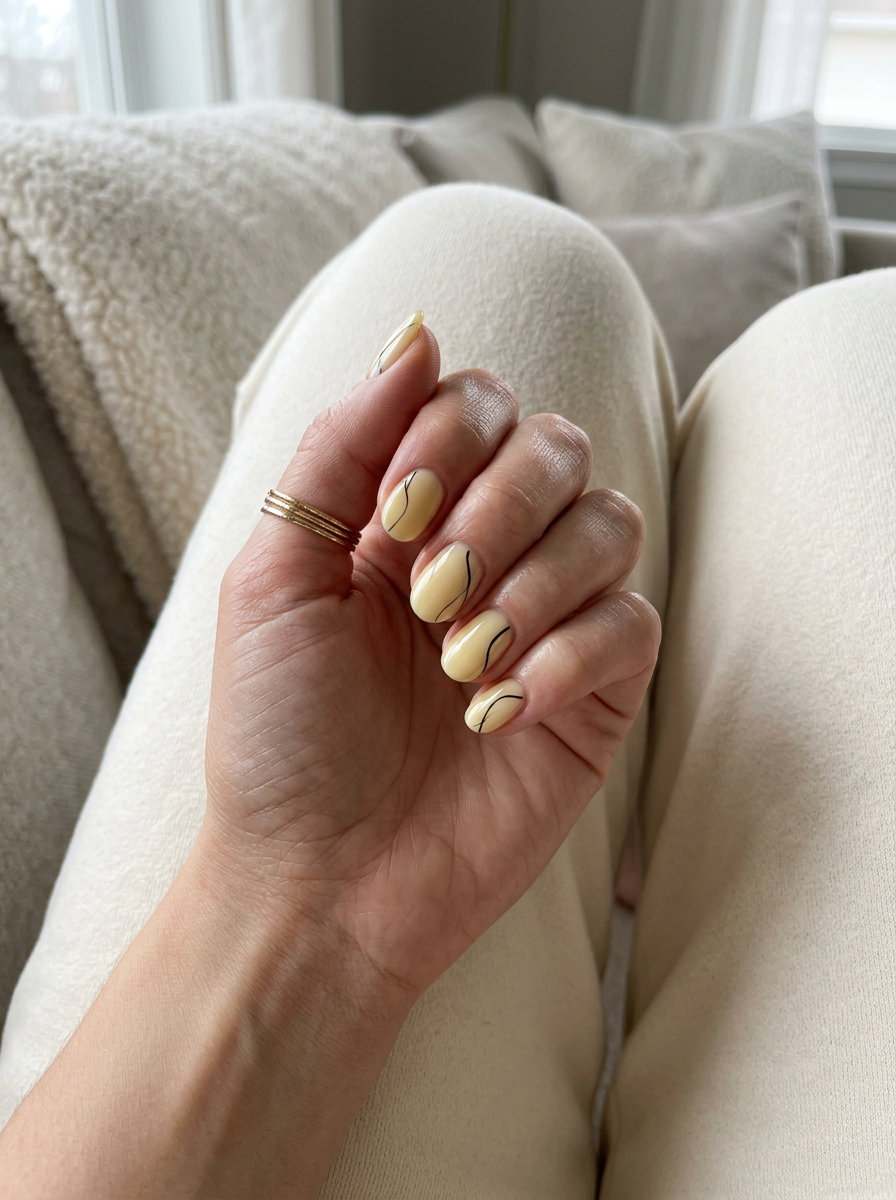 Milky yellow nails with black abstract lines are minimalist summer colorful nails designs 2026.