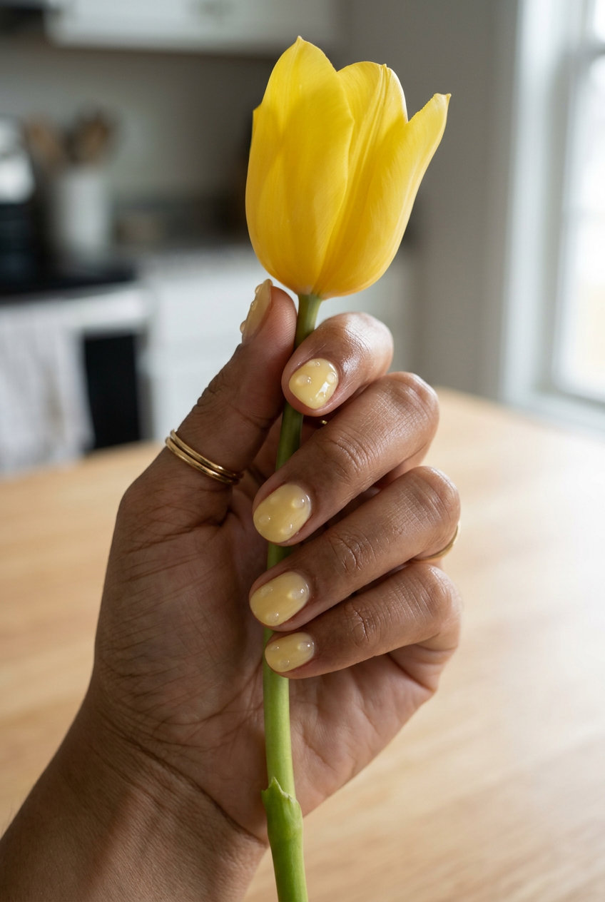 Minimalist sheer milky yellow nails with clear textured dew drops, perfect for summer colorful nails designs 2026.