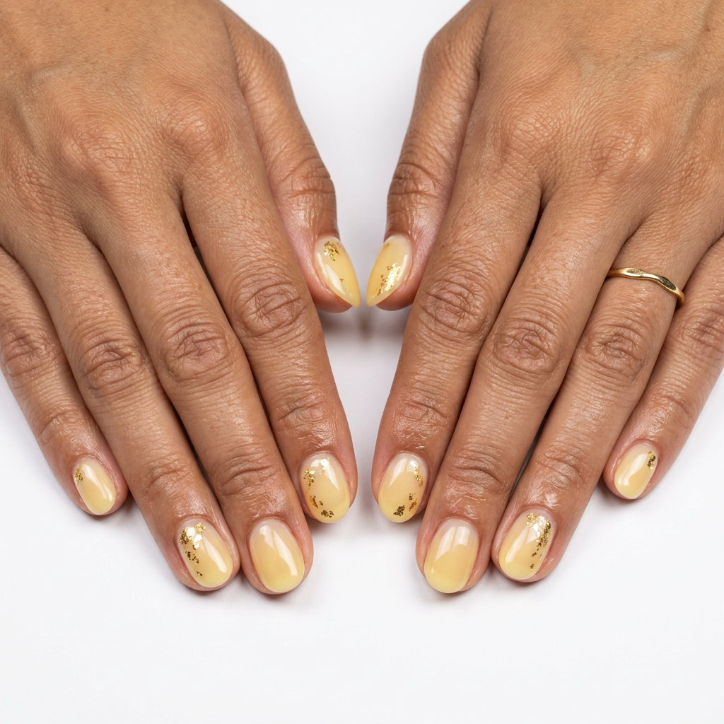 Milky yellow gold flake nails for summer colorful nails designs 2026. Sheer milky yellow with gold foil on almond shape.
