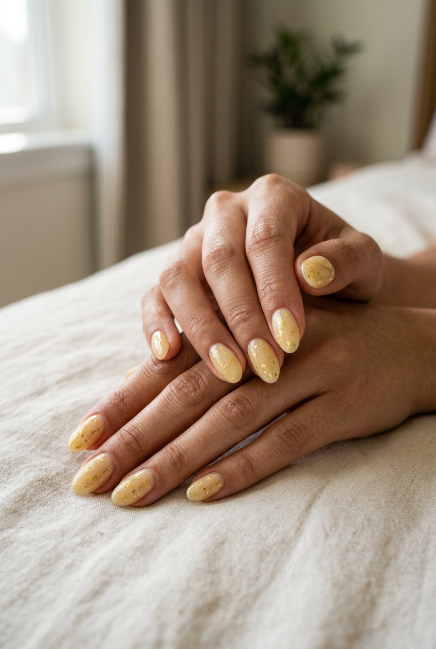 Elegant sheer milky yellow nails with scattered gold foil flakes for summer colorful nails designs 2026.