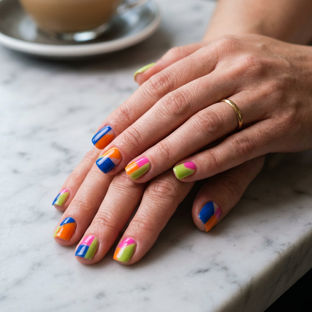 Multi-color geometric block nails in primary summer colors are modern summer colorful nails designs 2026.