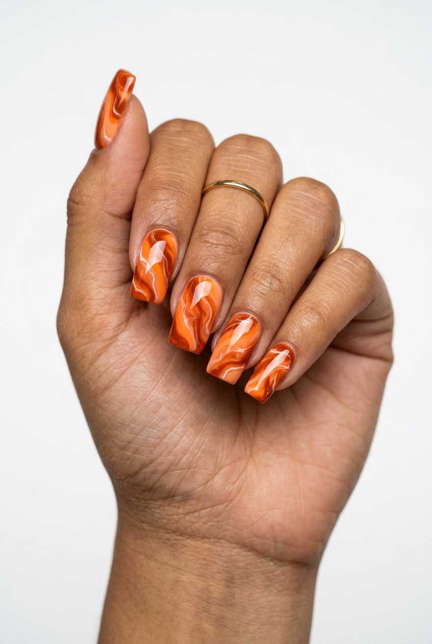 Sophisticated saturated orange marble effect nails with white veins for summer colorful nails designs 2026.