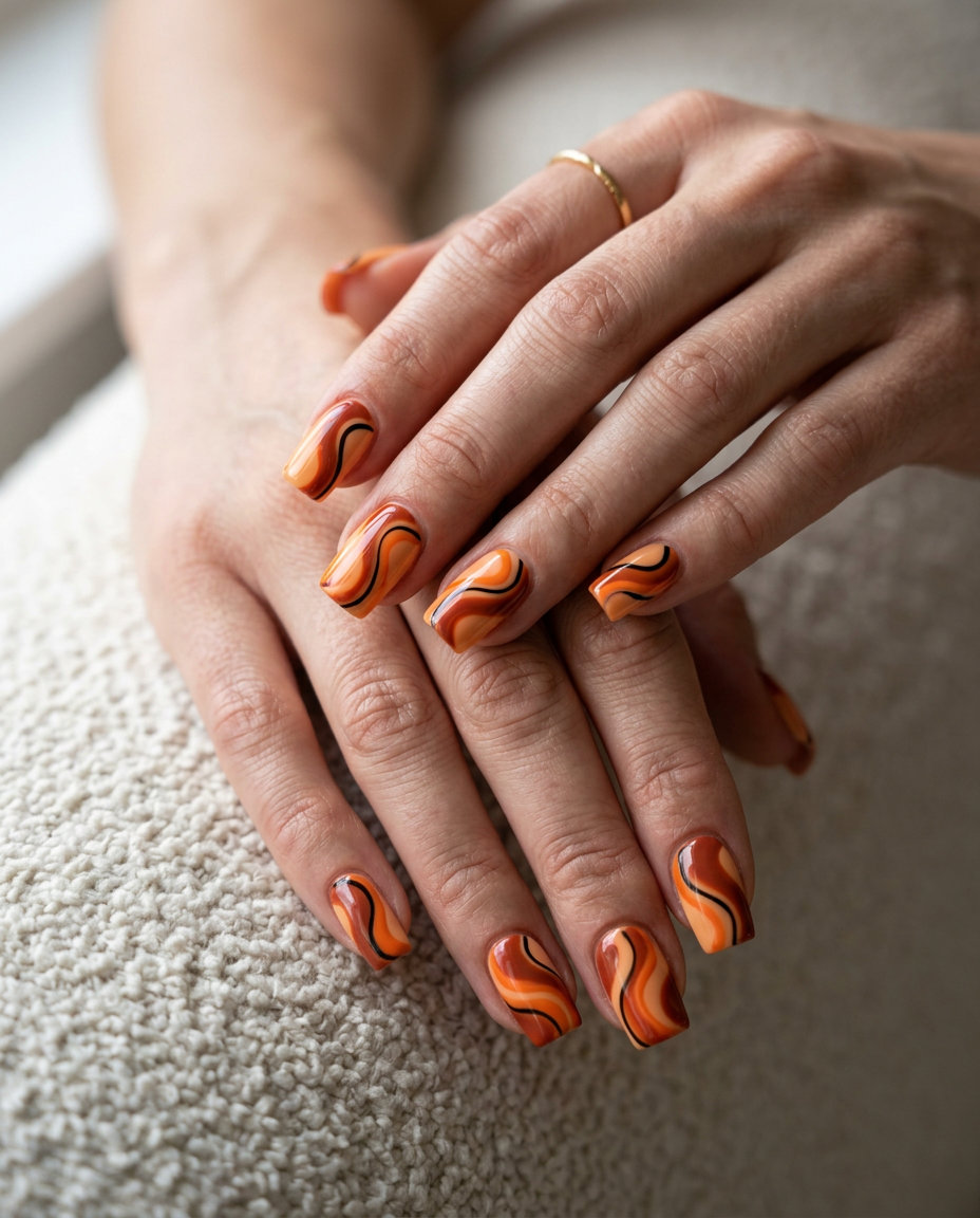 Saturated orange nails with black abstract swirls are artistic summer colorful nails designs 2026.