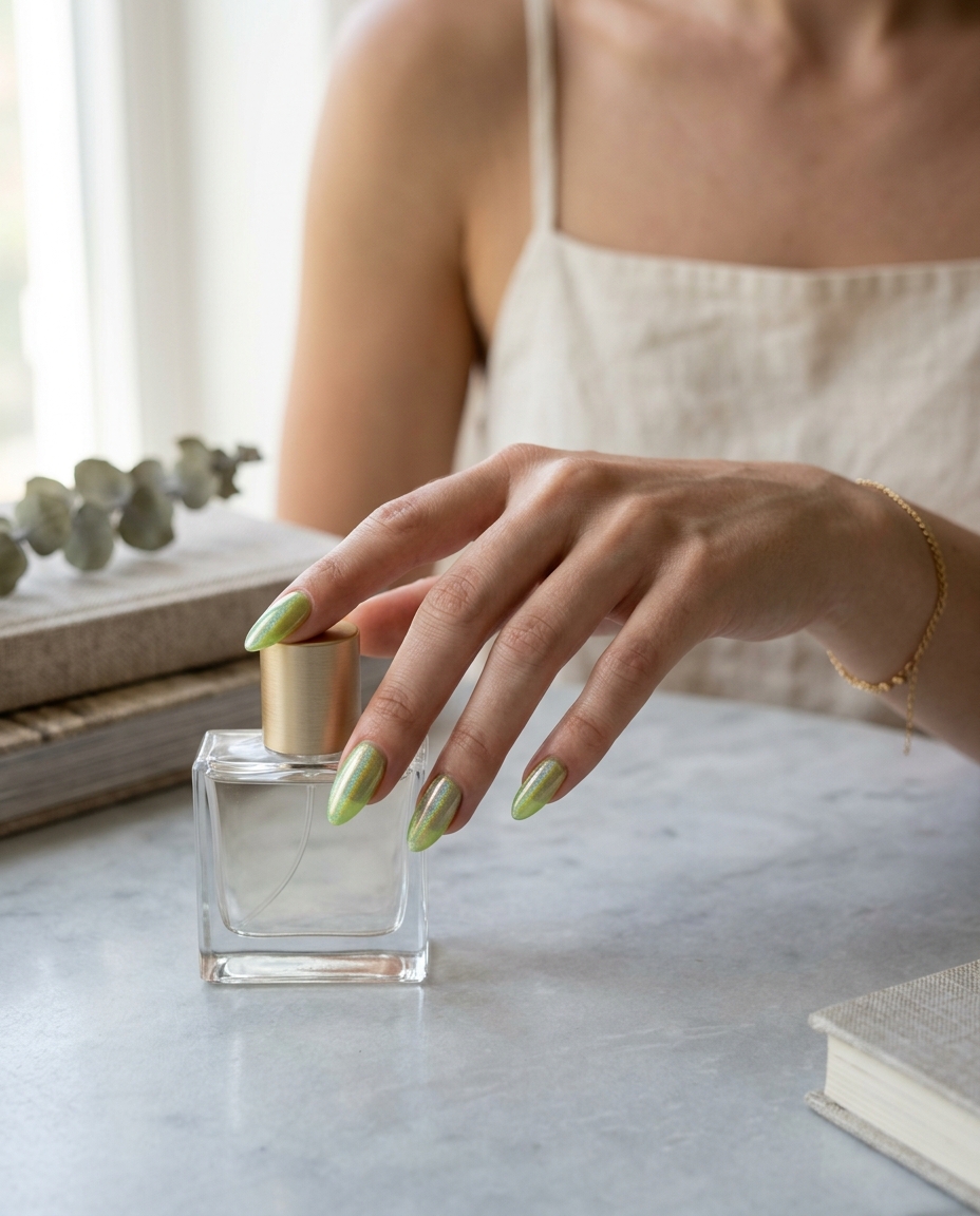 Holographic Lime Glaze nails: sheer lime green with intense holographic shimmer, futuristic for summer colourful nails 2026.
