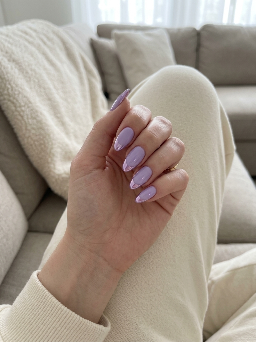 Summer colourful nails 2026: Futuristic lavender chrome French tips on long coffin nails.
