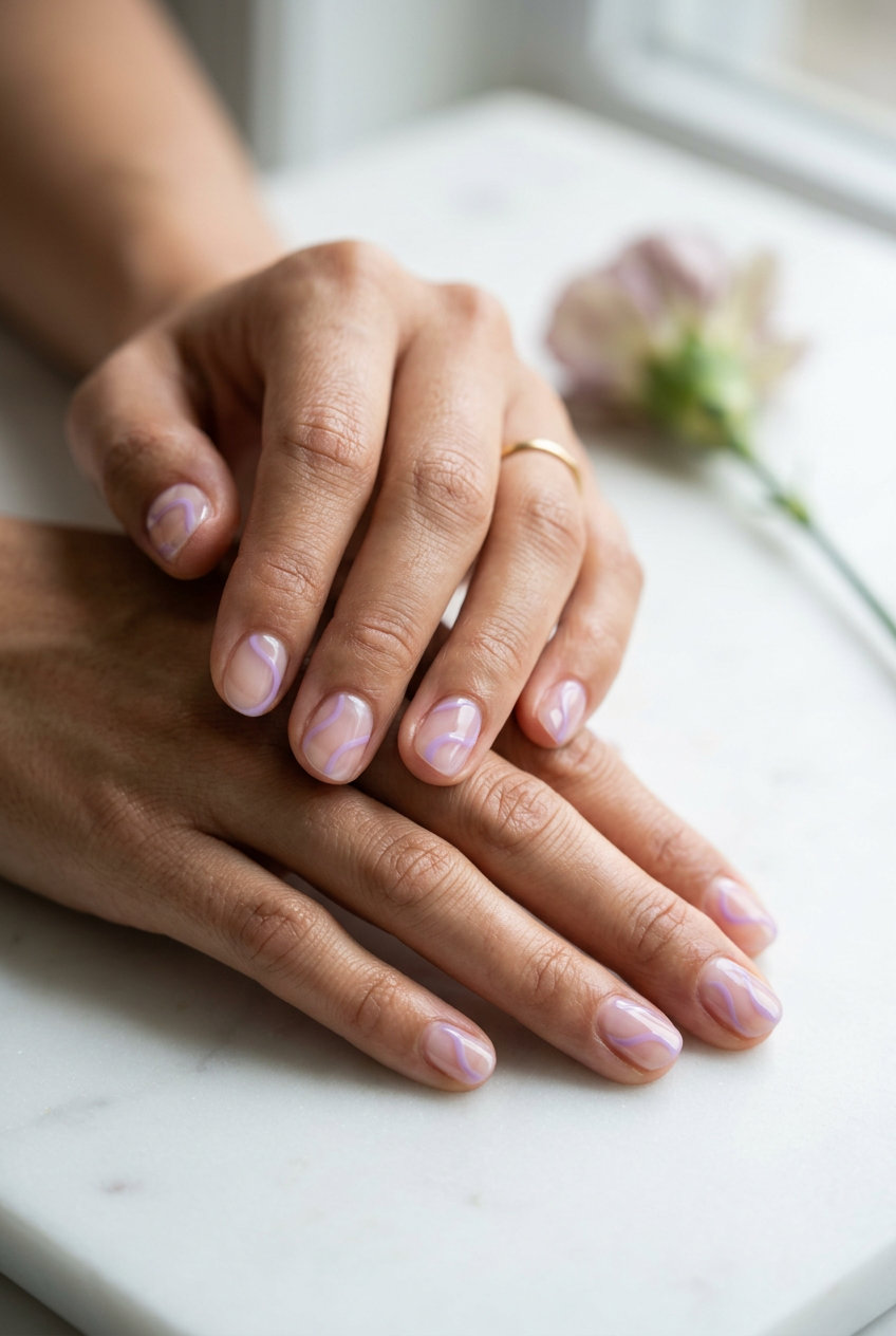 Summer colourful nails 2026: Lavender jelly abstract lines for casual days and art gallery visits.