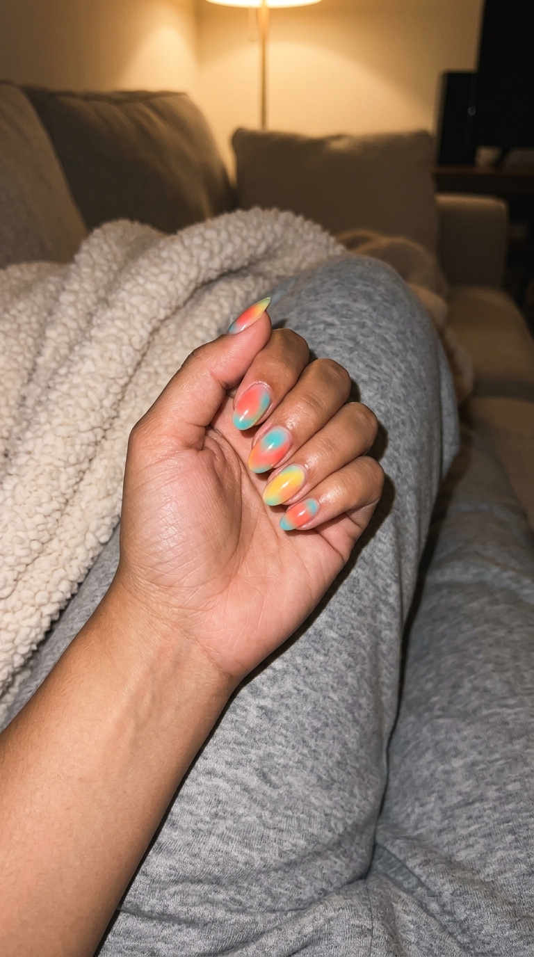 Summer colourful nails 2026: Bohemian multicolor aura blend on almond nails for festivals.
