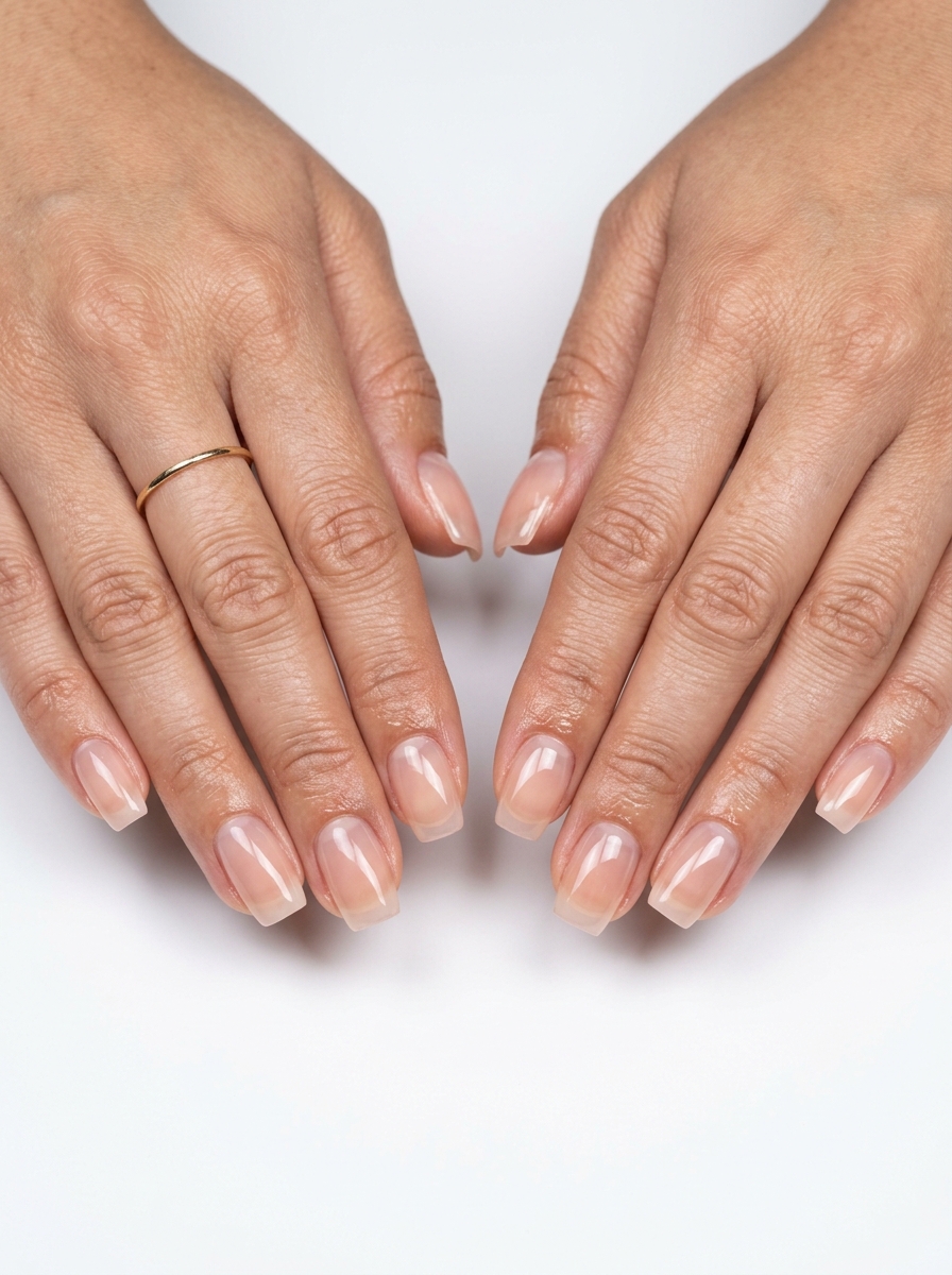 Nude Jelly Peekaboo French nails: sheer nude jelly with clear cuticle border, minimalist for summer colourful nails 2026.