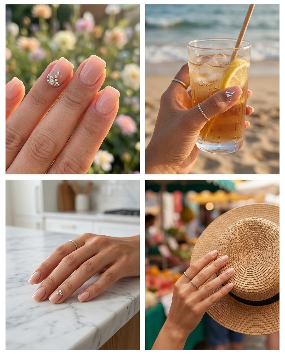 Summer colourful nails 2026: Nude solid with rhinestone accent for wedding guests and formal events.