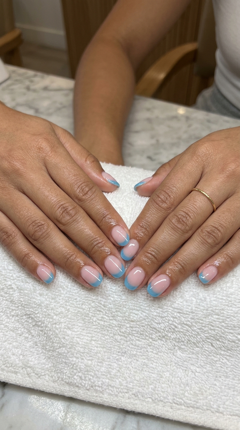 Aquatic Jelly French Tip nails: sky blue jelly tips on nude base, clean and playful for summer colourful nails 2026.