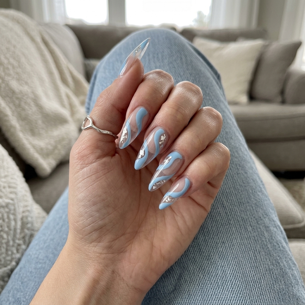 Summer colourful nails 2026: Minimalist sky blue negative space swirls with silver accents.