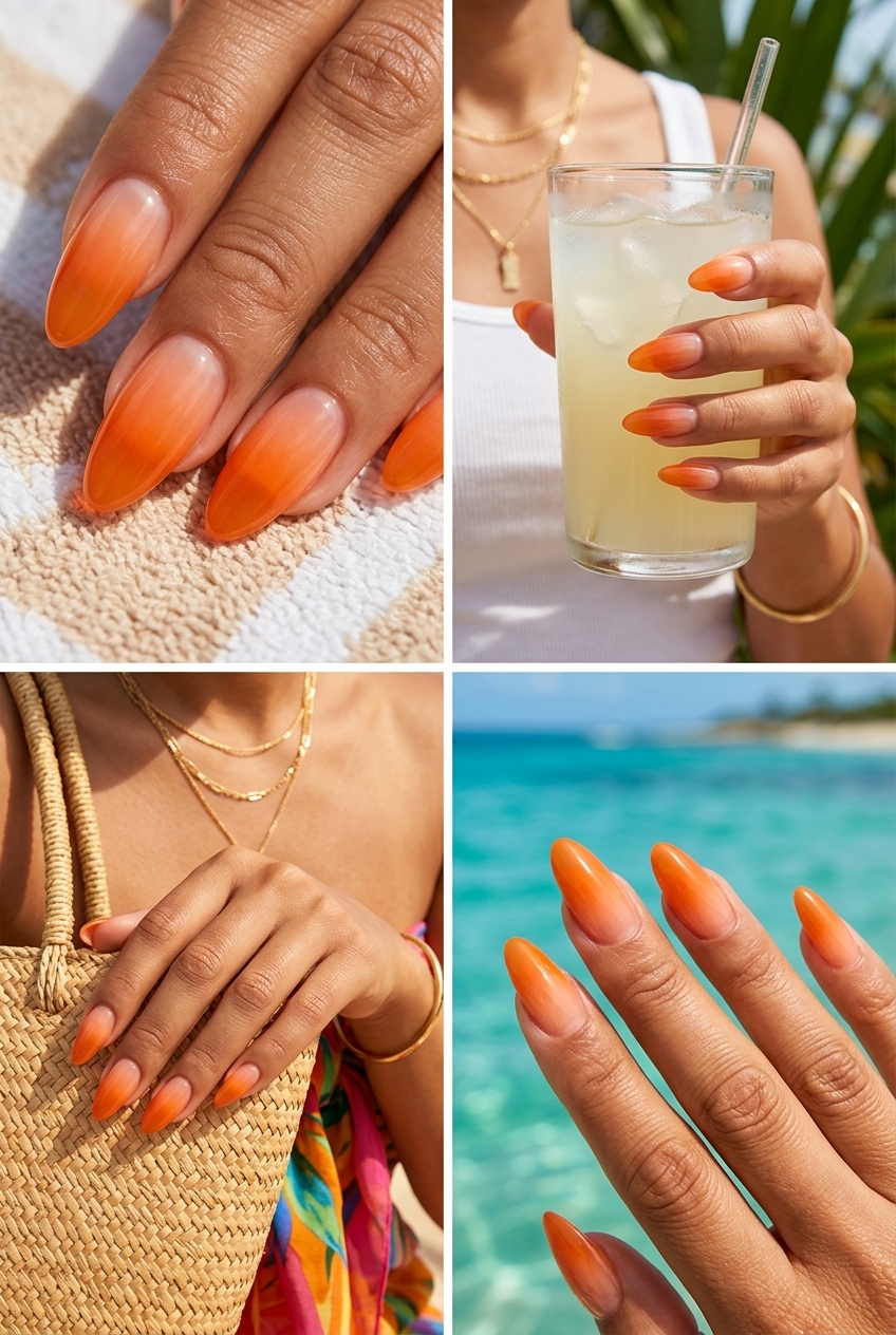 Summer colourful nails 2026: Juicy tangerine sunset jelly ombre on long almond nails for vacation.
