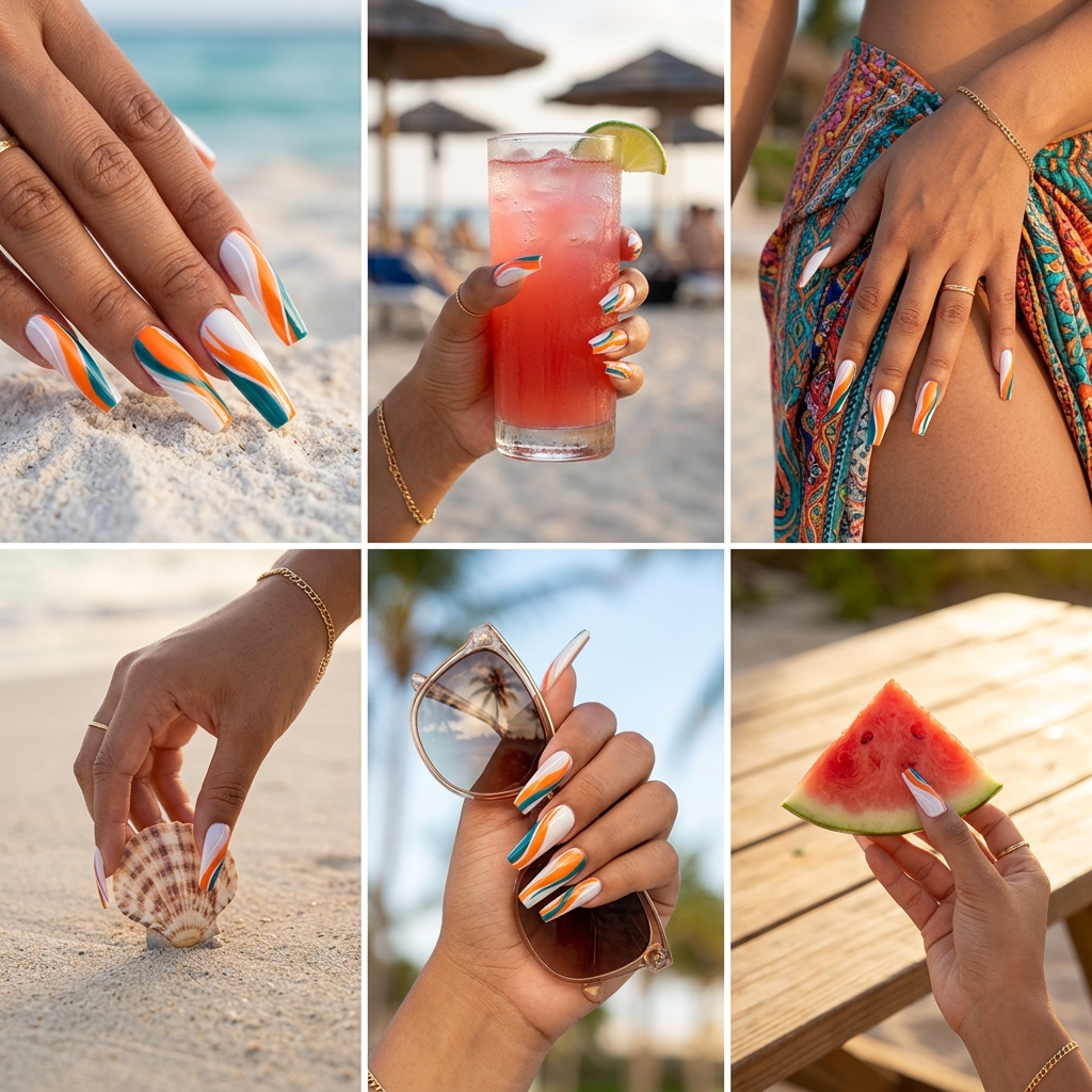 Summer colourful nails 2026: Edgy tangerine & teal abstract strokes on extra-long coffin nails for festivals.