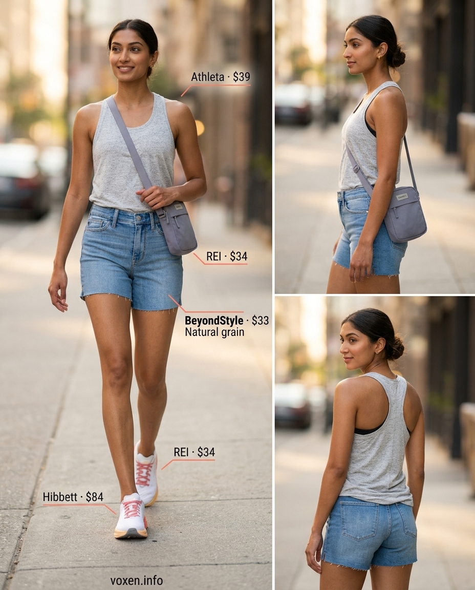 Active Summer Denim Shorts Outfits 2026: Errands Ready Summer Cutoff Denim Shorts Outfits 2026: Medium wash denim shorts with a grey tank, coral jacket, and athletic sneakers for an active day.