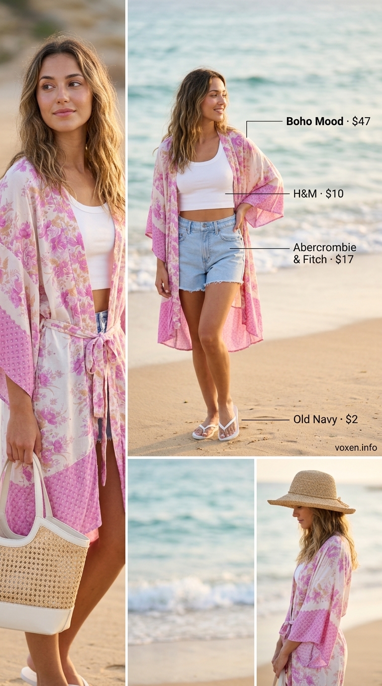Beach Summer Cutoff Denim Shorts Outfits 2026: Sunny Vibes Relaxed Summer Cutoff Denim Shorts Outfits 2026: Light wash shorts with floral kimono and straw hat for beach.