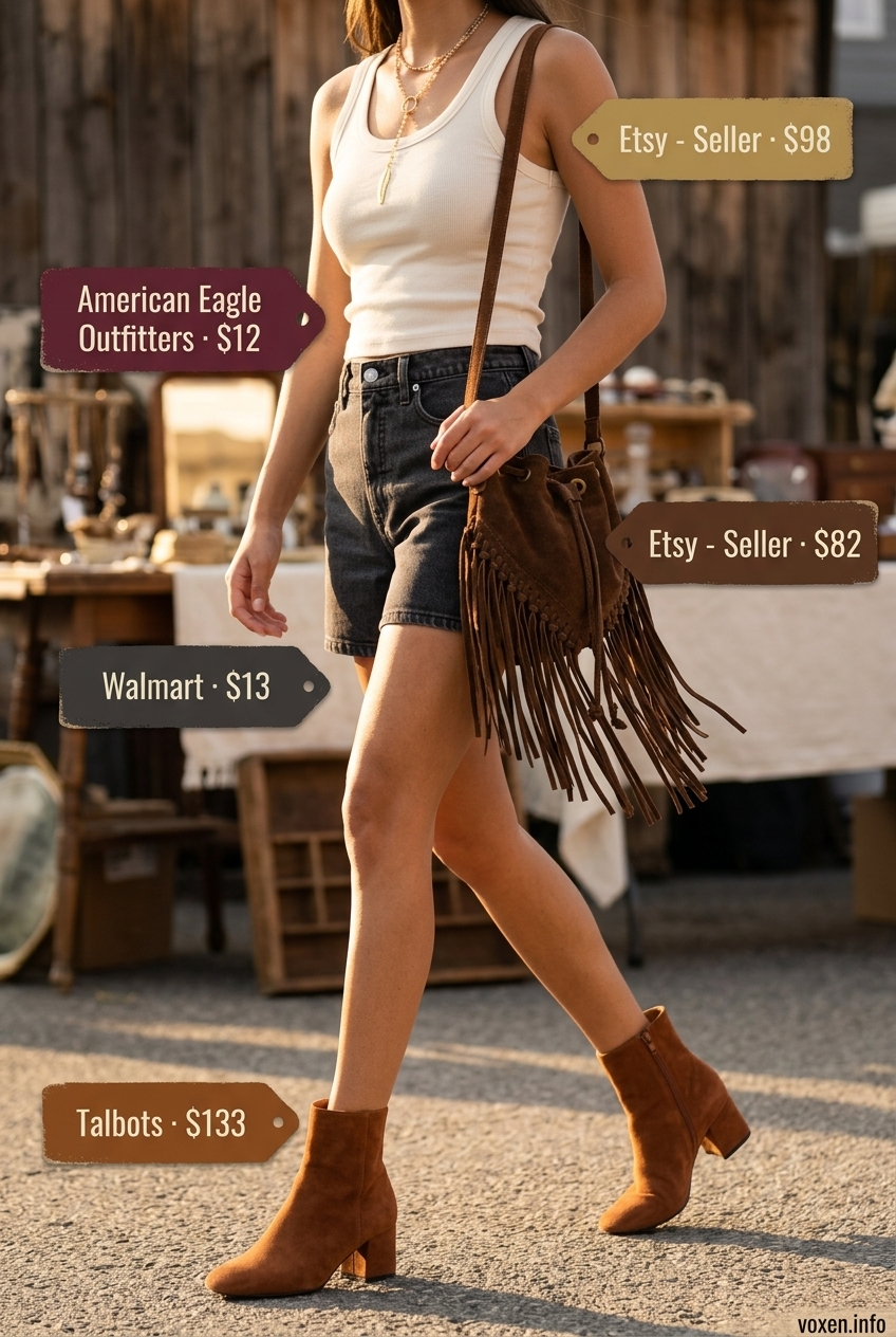 Boho Chic Maxi Skirt Outfit 2026 Boho chic outfit with a maxi skirt, fitted tank, and suede boots. Summer Cutoff Denim Shorts Outfits 2026 inspiration.