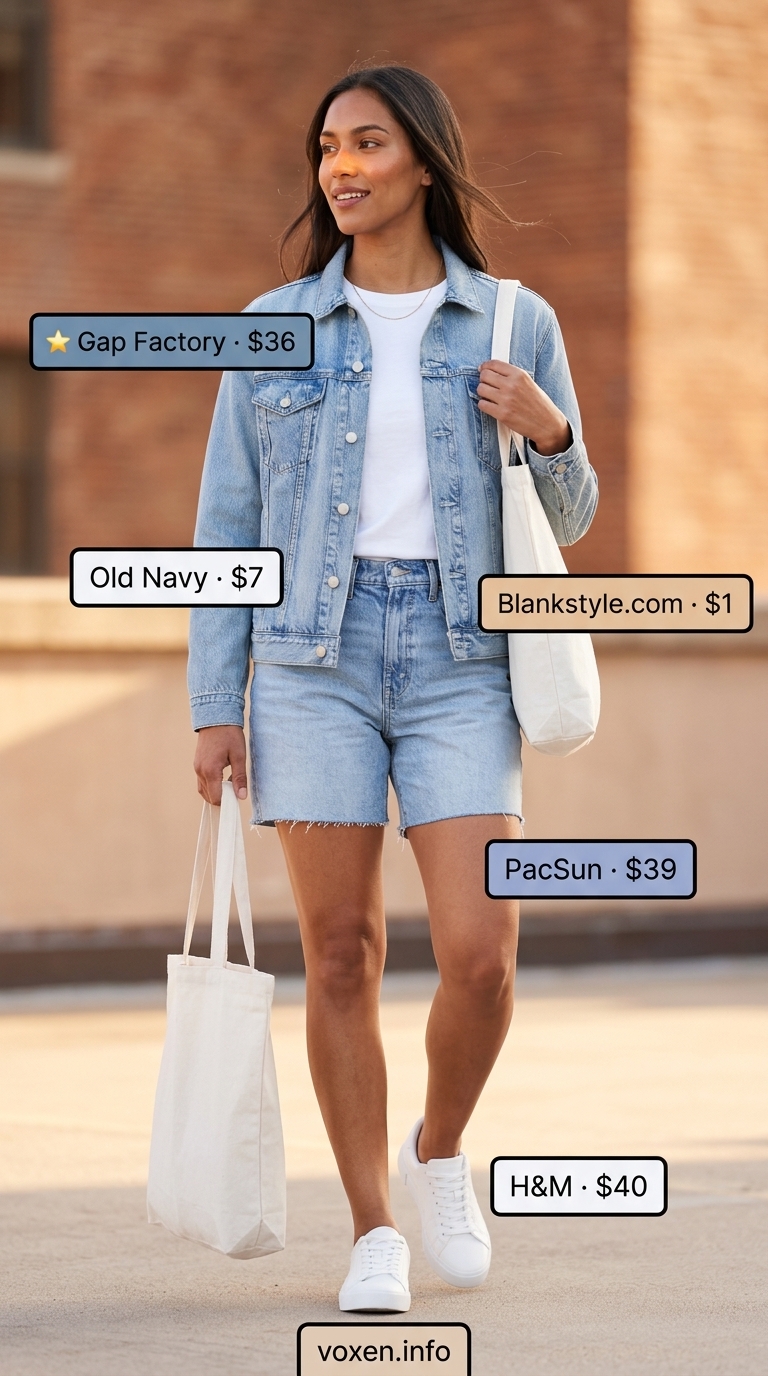Casual Cool Denim Duo 2026 Classic casual outfit with light wash denim shorts, white tee, and denim jacket. Summer Cutoff Denim Shorts Outfits 2026.