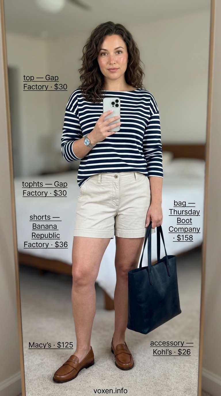 Polished Summer Denim Shorts Outfits 2026: Casual Friday Summer Cutoff Denim Shorts Outfits 2026: Classic navy striped top with tailored chino shorts and loafers for a polished casual Friday.