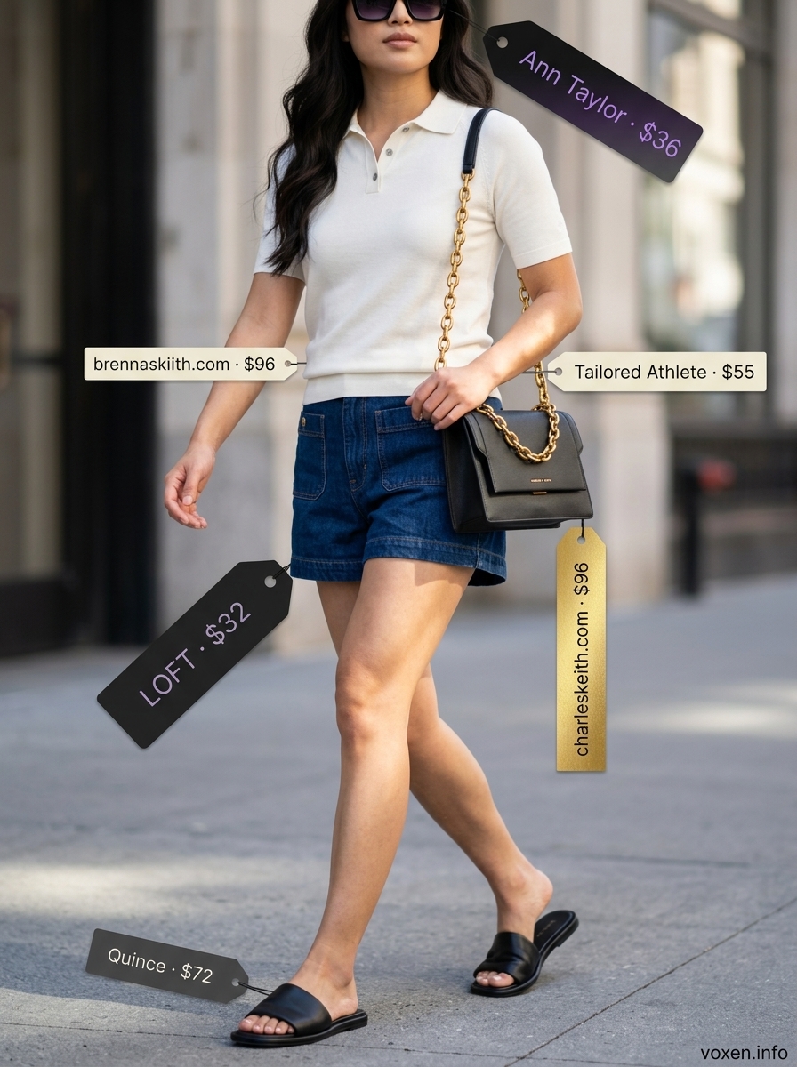 City Summer Cutoff Denim Shorts Outfits 2026: Polished Casual Modern Summer Cutoff Denim Shorts Outfits 2026: Tailored shorts with knit polo and leather slides for city.