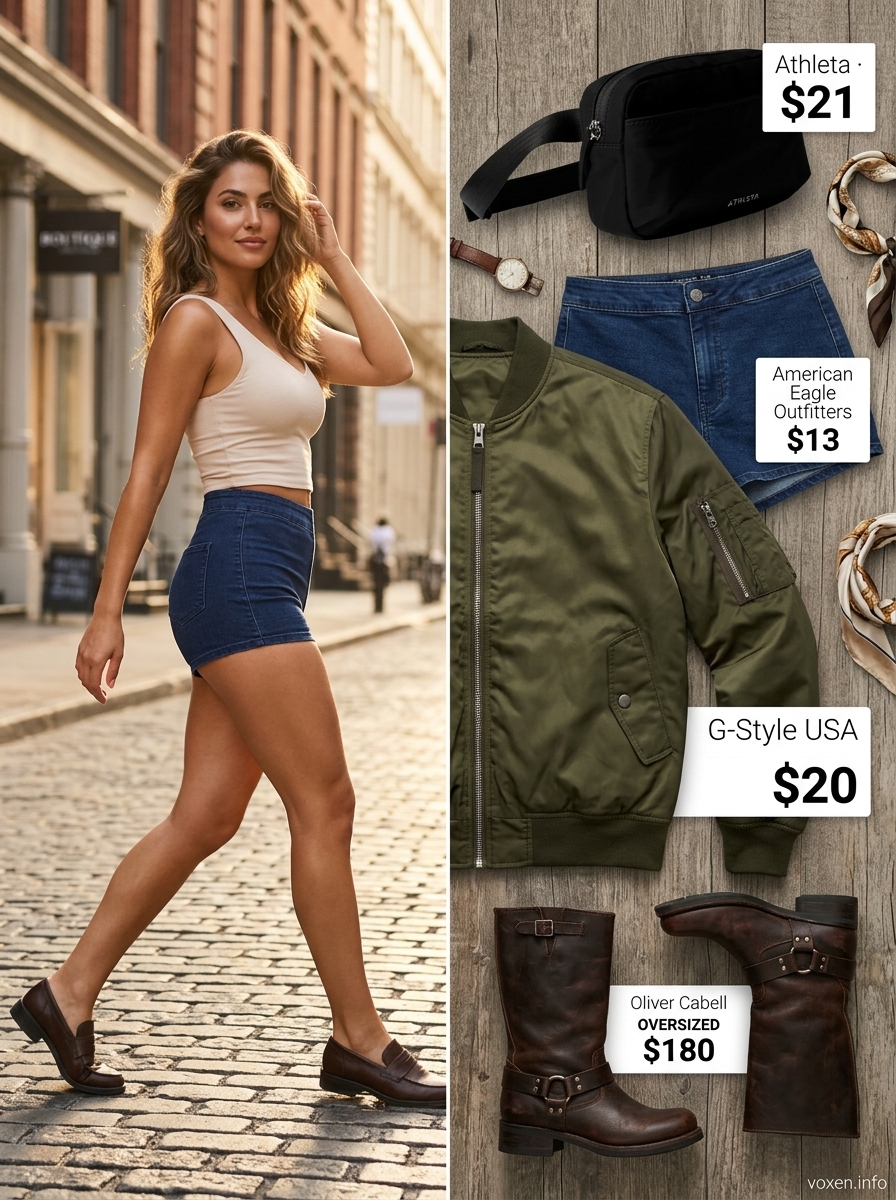 City Explorer Shorts Outfit 2026 Edgy urban outfit with dark wash cutoff denim shorts, graphic tee, and bomber jacket. Summer Cutoff Denim Shorts Outfits 2026.