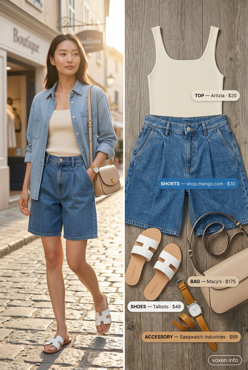 Chic Summer Cutoff Denim Shorts Outfits 2026: Coastal Style Polished Summer Cutoff Denim Shorts Outfits 2026: Chambray shorts with fitted knit tank and leather bag.
