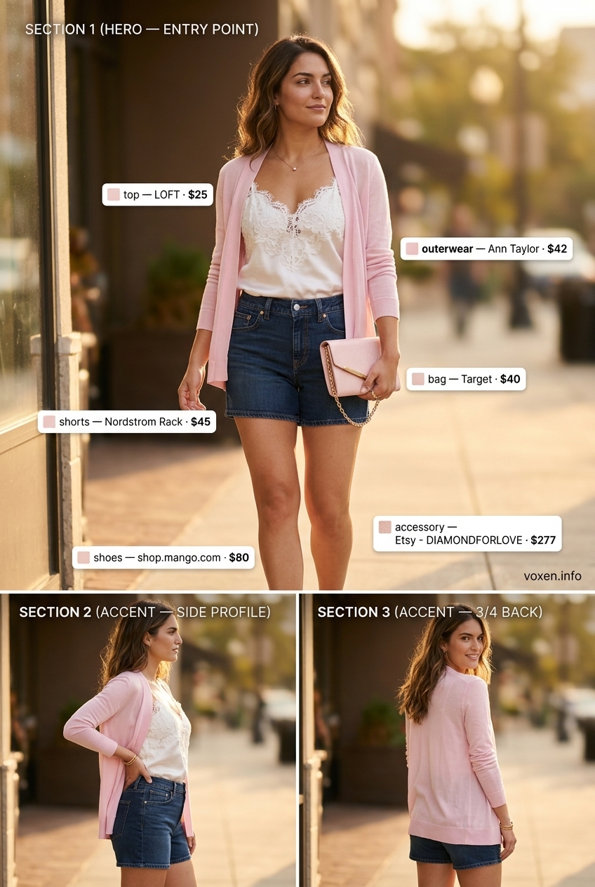 Sweet Summer Cutoff Denim Shorts Outfits 2026: Date Night Romantic Summer Cutoff Denim Shorts Outfits 2026: Dark wash shorts with ivory cami, blush cardigan for date night.