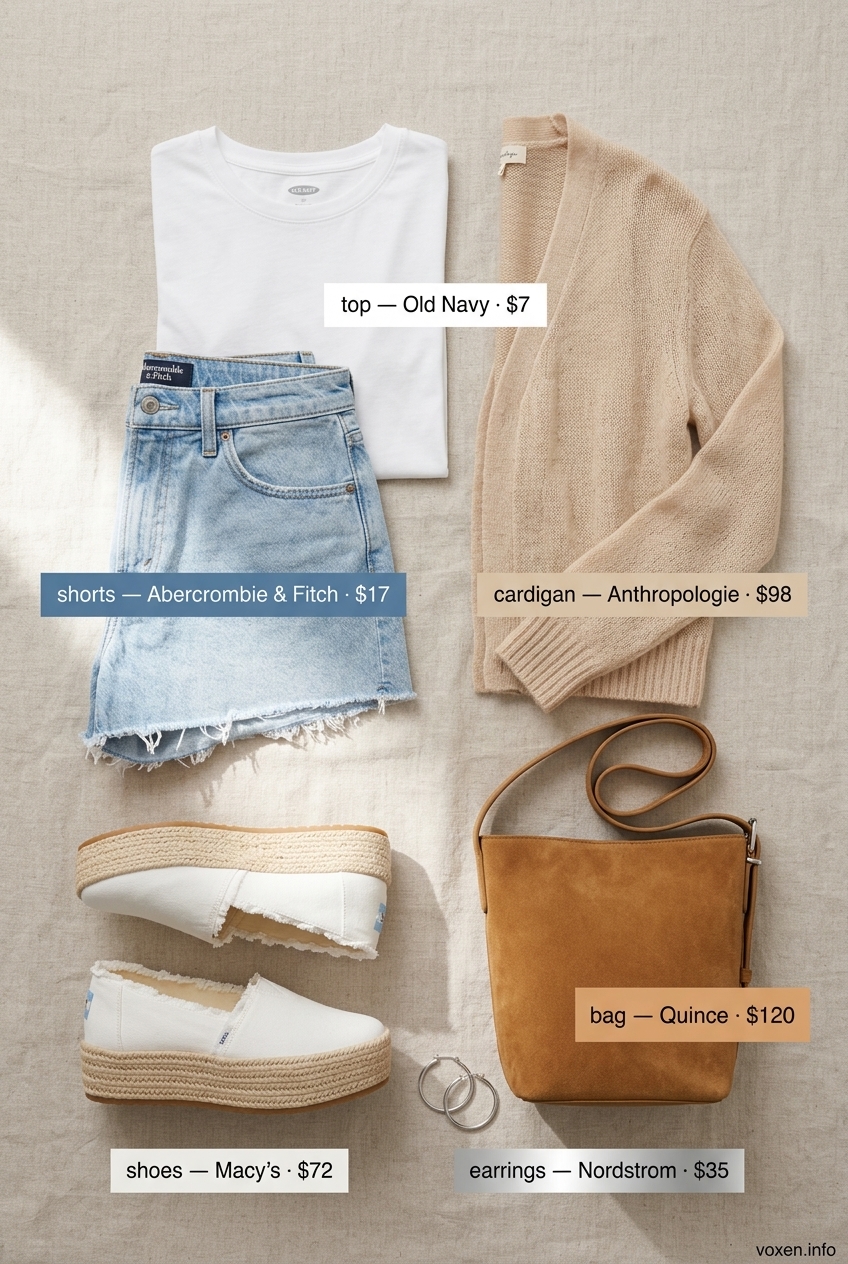 Easy Summer Cutoff Denim Shorts Outfits 2026: Day Trip Style Classic Summer Cutoff Denim Shorts Outfits 2026: Light wash shorts with white tee and knit cardigan for day trips.