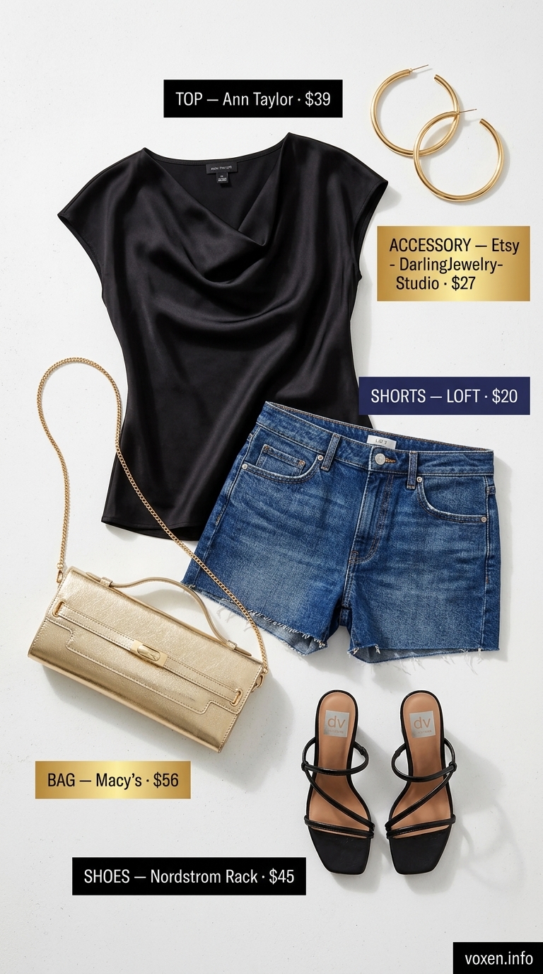 Chic Summer Cutoff Denim Shorts Outfits 2026: Evening Glam Elevated Summer Cutoff Denim Shorts Outfits 2026: Dark wash denim shorts with black satin top, gold jewelry for dinner.