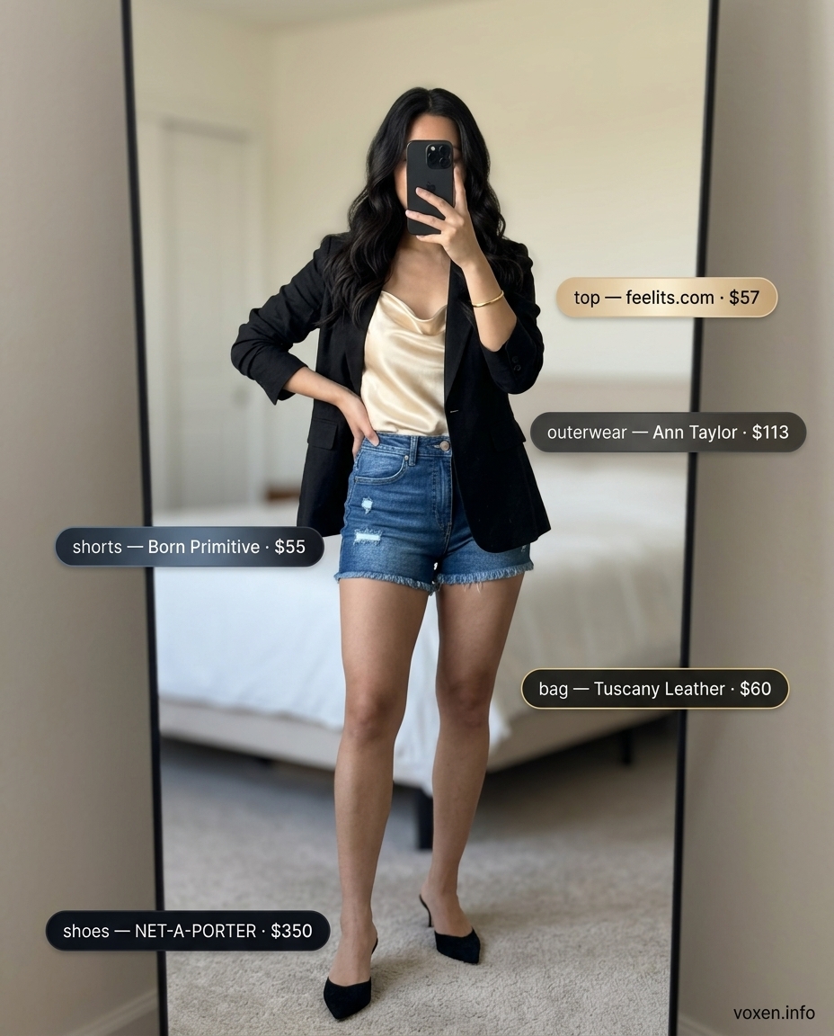 Chic Summer Denim Shorts Outfits 2026: Evening Elegance Summer Cutoff Denim Shorts Outfits 2026: Dark wash denim shorts with a champagne satin cami and black blazer for a chic evening look.