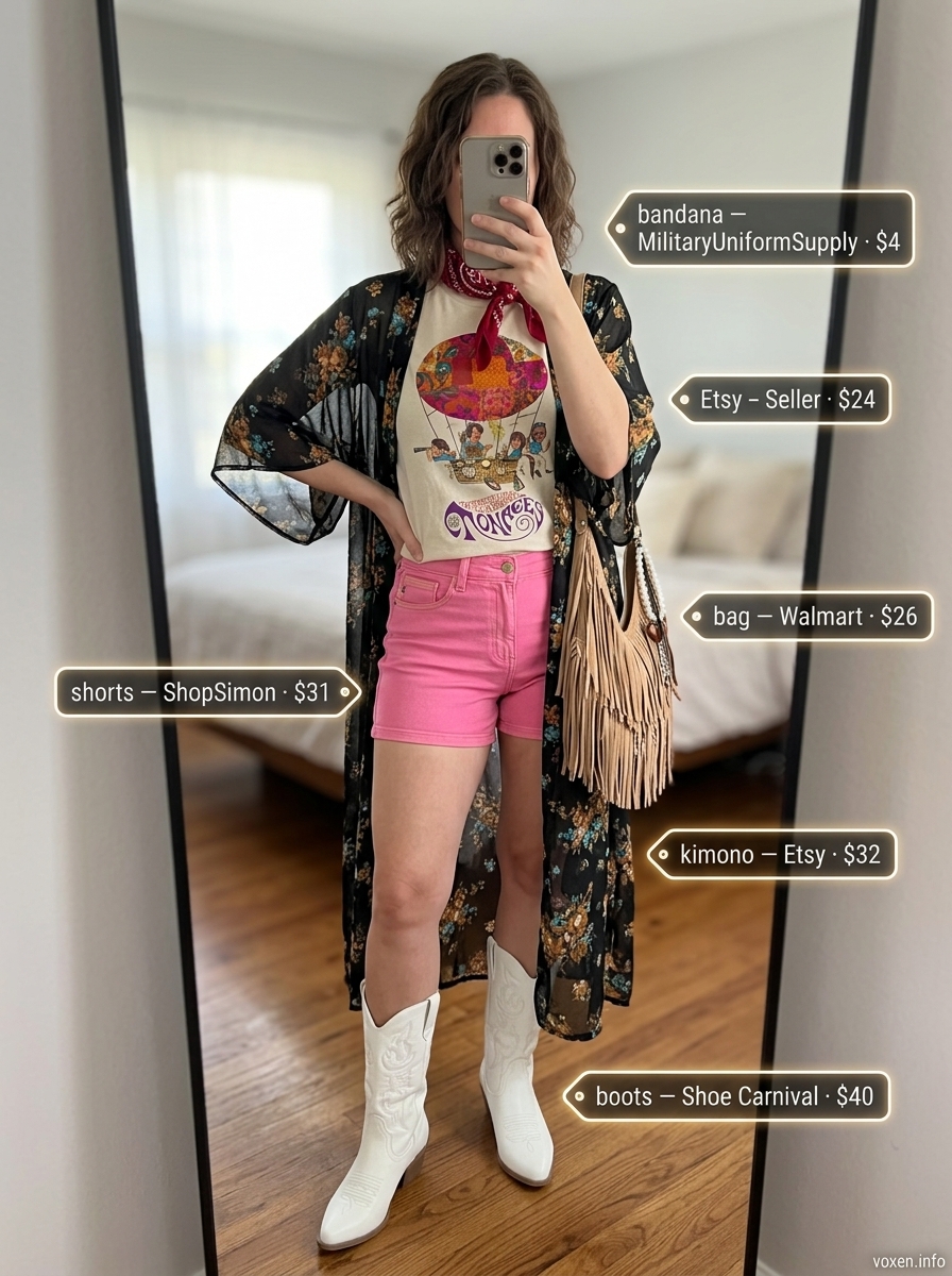 Vibrant Summer Denim Shorts Outfits 2026: Festival Fun Summer Cutoff Denim Shorts Outfits 2026: Bright pink embroidered denim shorts with a graphic tee, kimono, and white cowboy boots for a festival.