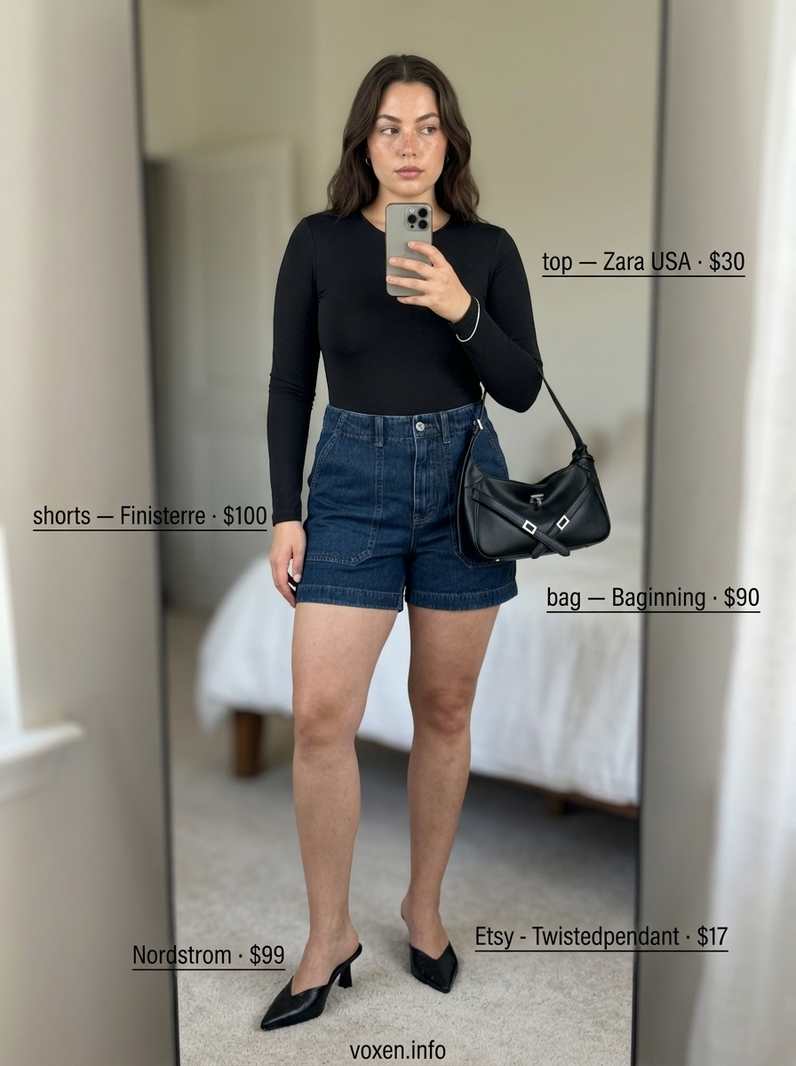 Modern Minimalist Shorts Outfit 2026 Chic black bodysuit with tailored dark wash denim shorts for a modern evening look. Summer Cutoff Denim Shorts Outfits 2026.